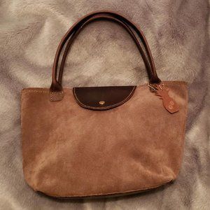 Brown Textured Suede Leather Top Handle Handbag